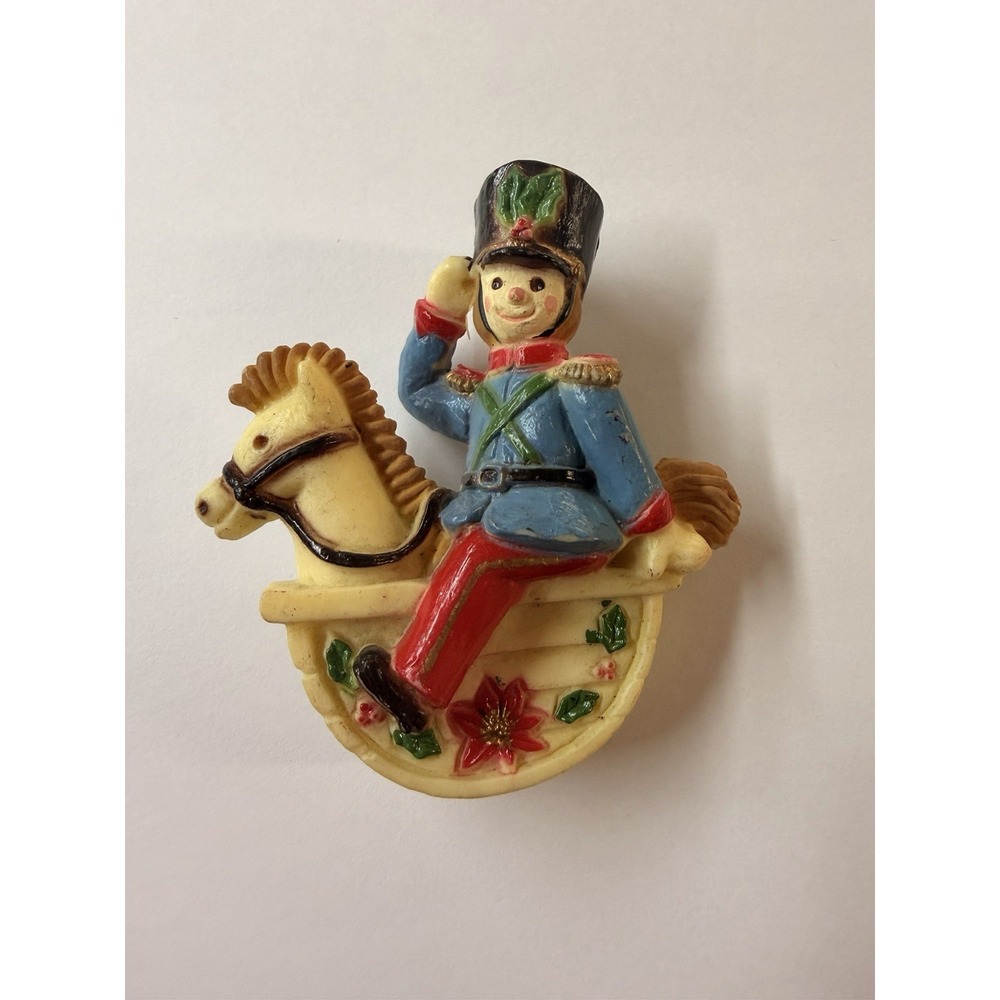 Vintage Toy Soldier Riding White Rocking Horse Resin Christmas Ornament 3" x 3"